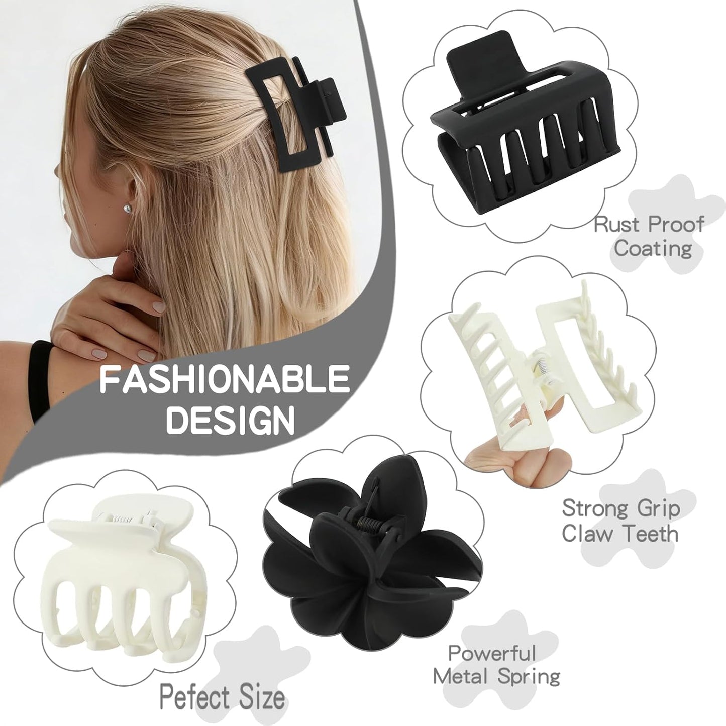 Matte Hair Clips for Women - Strong Hold Non-Slip Claw Clips | 8 Pcs in Neutral Colors (White & Black)