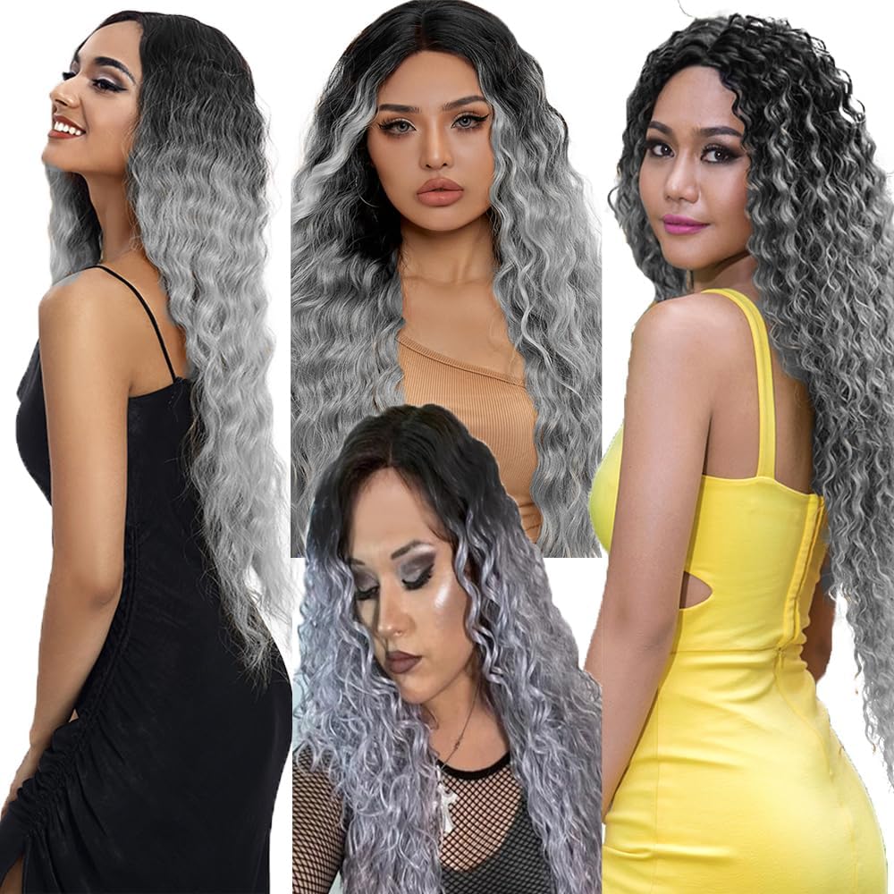 Ombre Human Hair Bundles Grey Deep Wave Bundle Brazilian Virgin Hair 3 Bundles 30 32 34 Inch 1b/grey Bundle Hair Extensions 300g