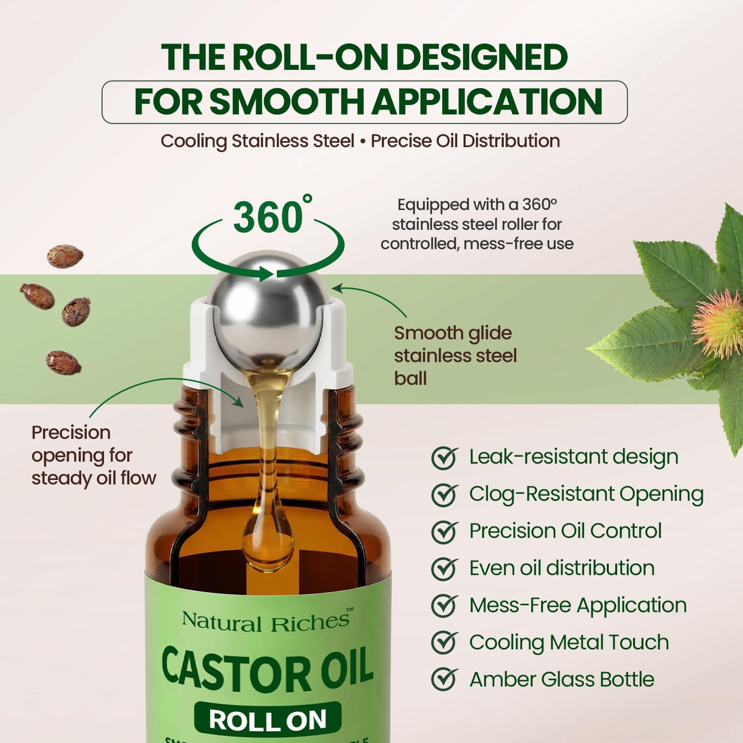 Organic Castor Oil Roll-On - 100% Pure, Cold Pressed, Hexane Free | 1 fl oz Glass Bottle with Roller Ball Applicator