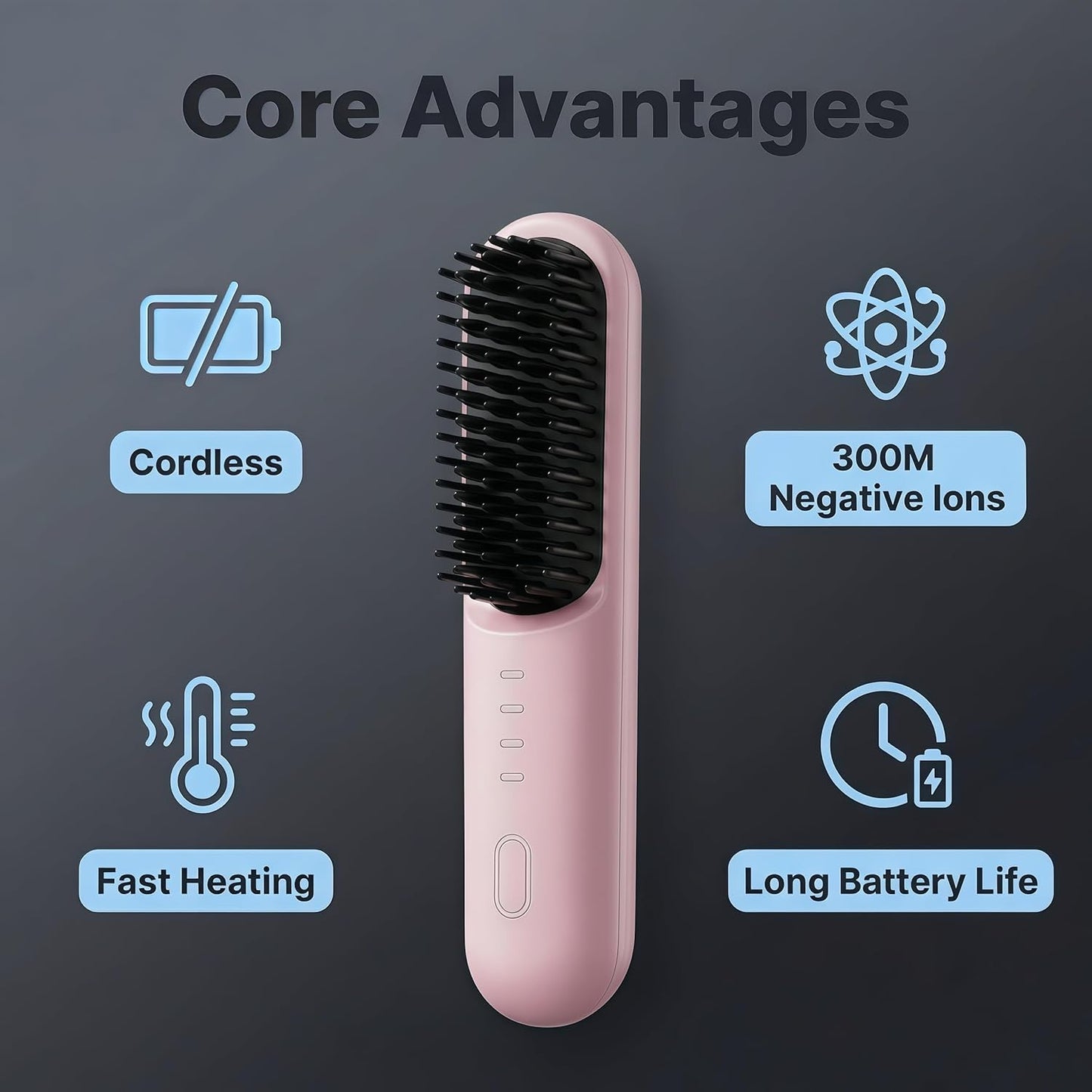 Cordless Hair Straightener Brush - Anti-Frizz Ionic Straightening Comb | Portable & Rechargeable (Pink)