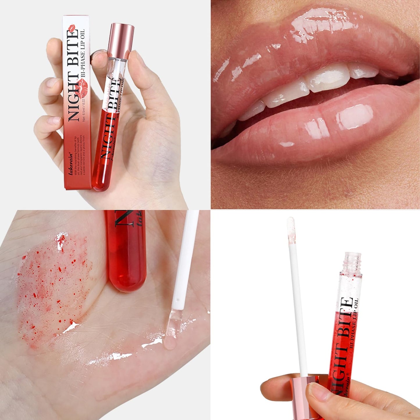 Dual-Phase lip oil, Moisturizing Nourishing Shiny Red and Transparent layer lip gloss, Natural and Fresh Bitten Lip Makeup