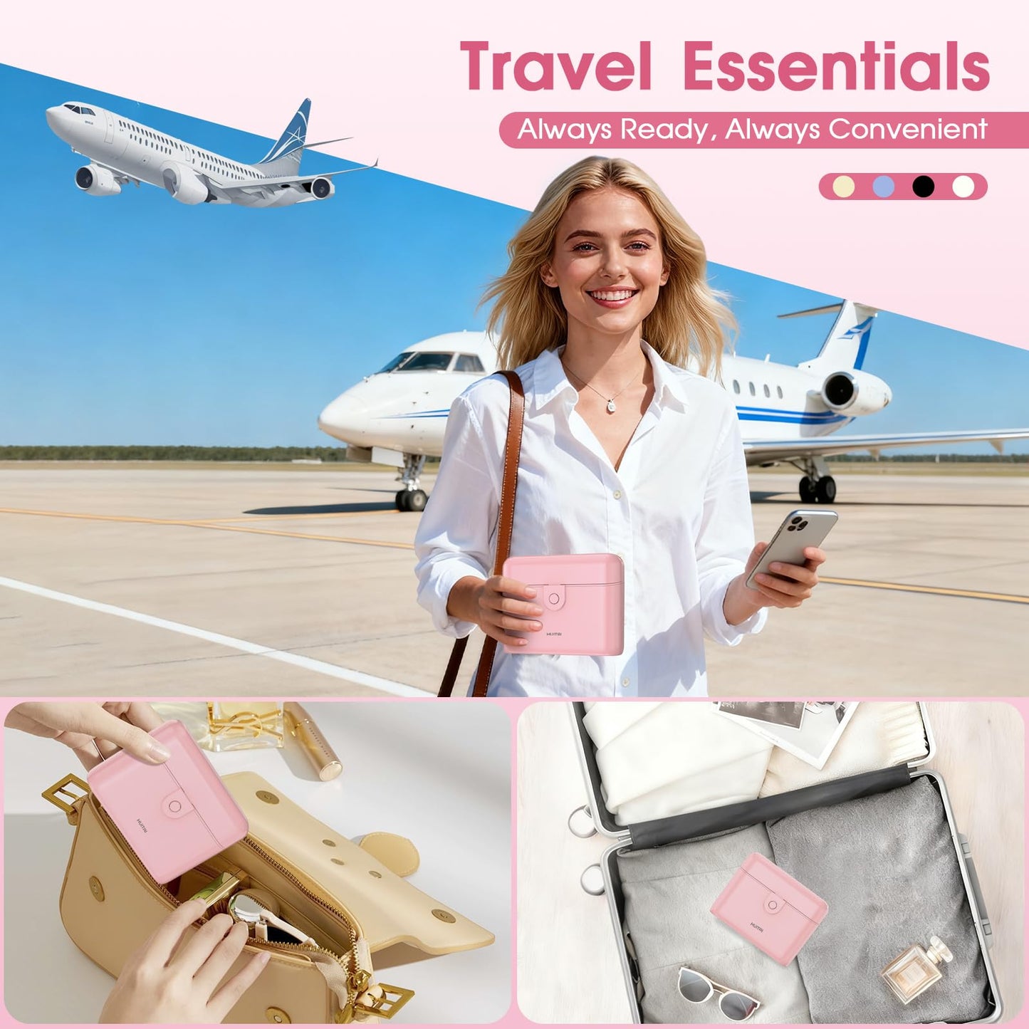 HUITAI Travel Bottles with Case, 4x2oz TSA Approved, Leak-Proof, Press to Unlock, Compact & Portable Travel Toiletries (Pink)