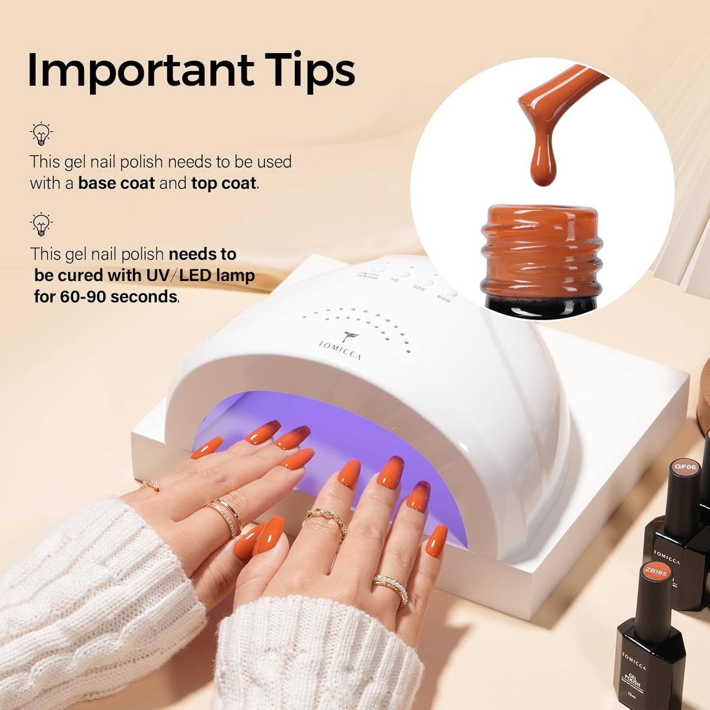 TOMICCA Gel Nail Polish - Dark Orange Autumn Winter Color | Long Lasting High Gloss Soak Off UV LED for DIY Manicure