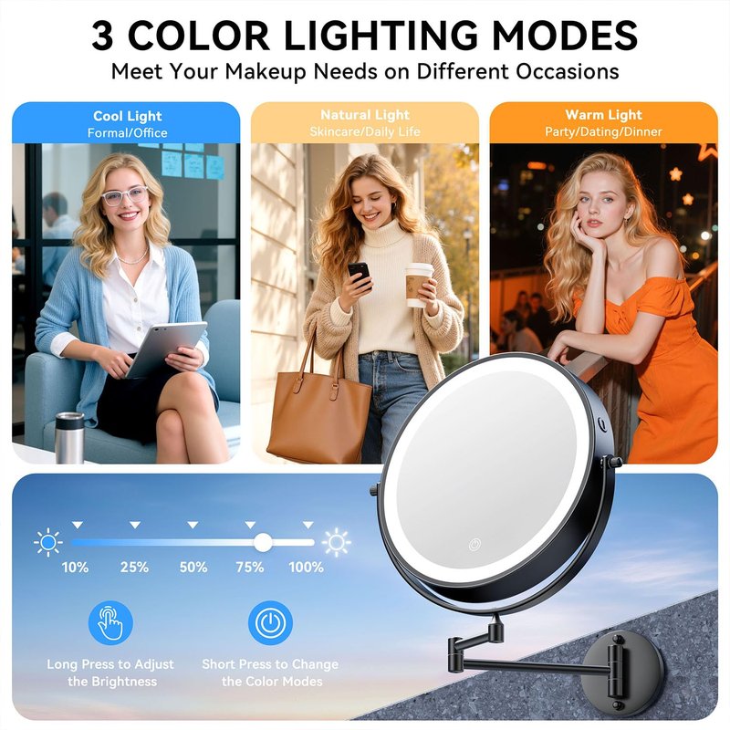 10'' 30X/1X Wall Mounted Lighted Makeup Mirror, 5000mAh Rechargeable Double-Sided Magnifying Mirror with Light, LED Vanity Mirror Touch Dimmable 3 Colors 360° Rotation Extended Foldable Arm, Black