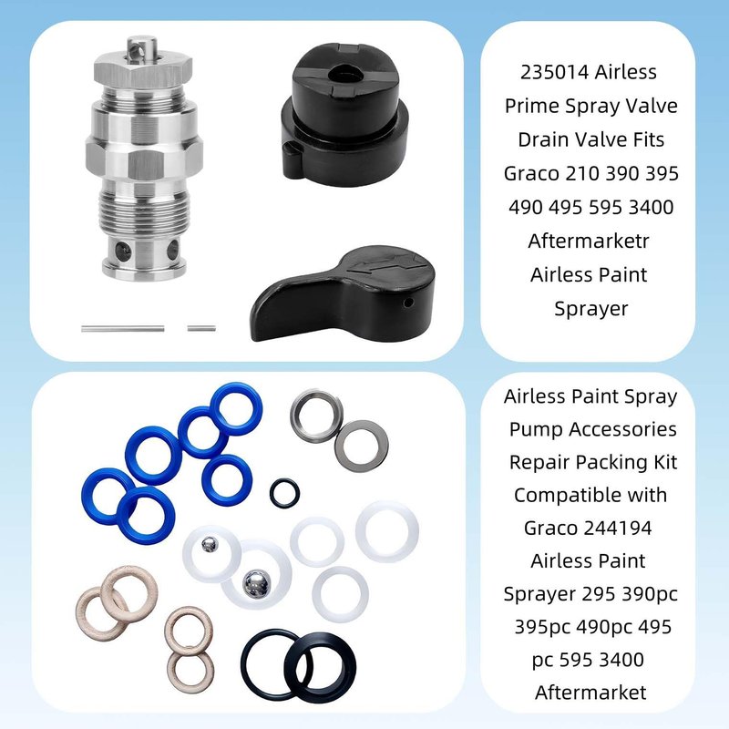235014 Prime Spray Valve, Drain Valve and 244194 Pump Repair Packing Kit for Graco 210 230 295 390 395 490 495 595 3400 Airless Paint Sprayer Replacement Parts