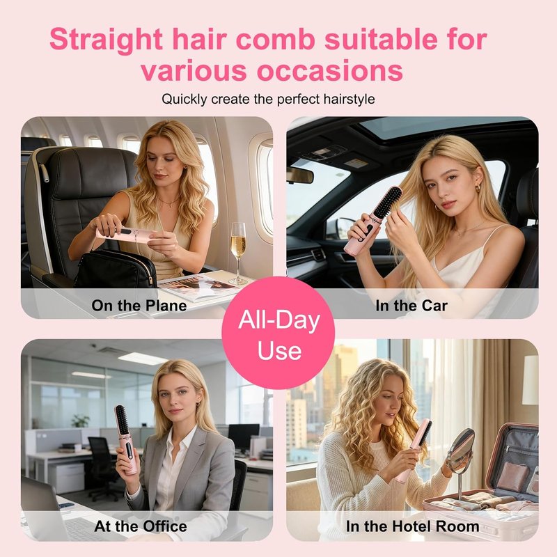 Cordless Hair Straightener Brush - Fast Heating Ionic Comb | Rechargeable Anti-Scald LED Display, Portable Travel Tool