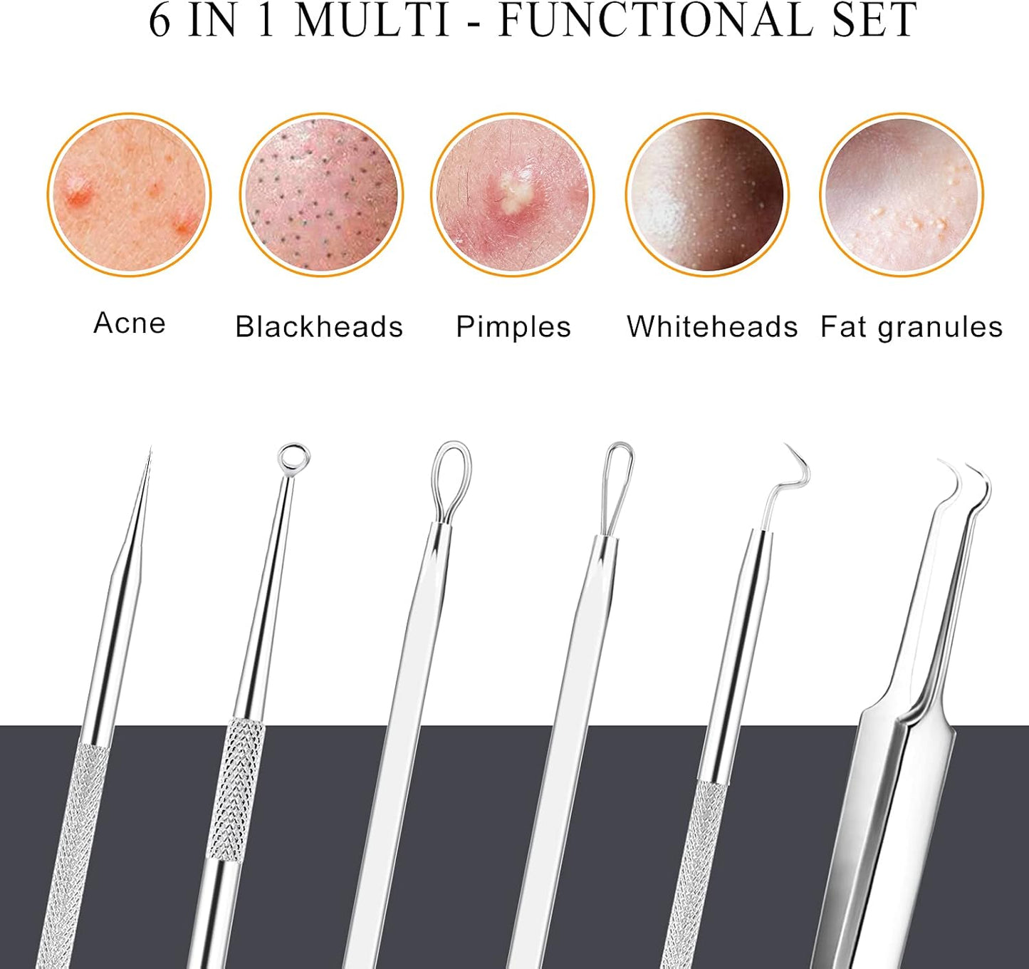 Pimple Popper Tool Kit - 6-Piece Blackhead Remover Set with Metal Case for Easy Pimple & Zit Removal | Silver