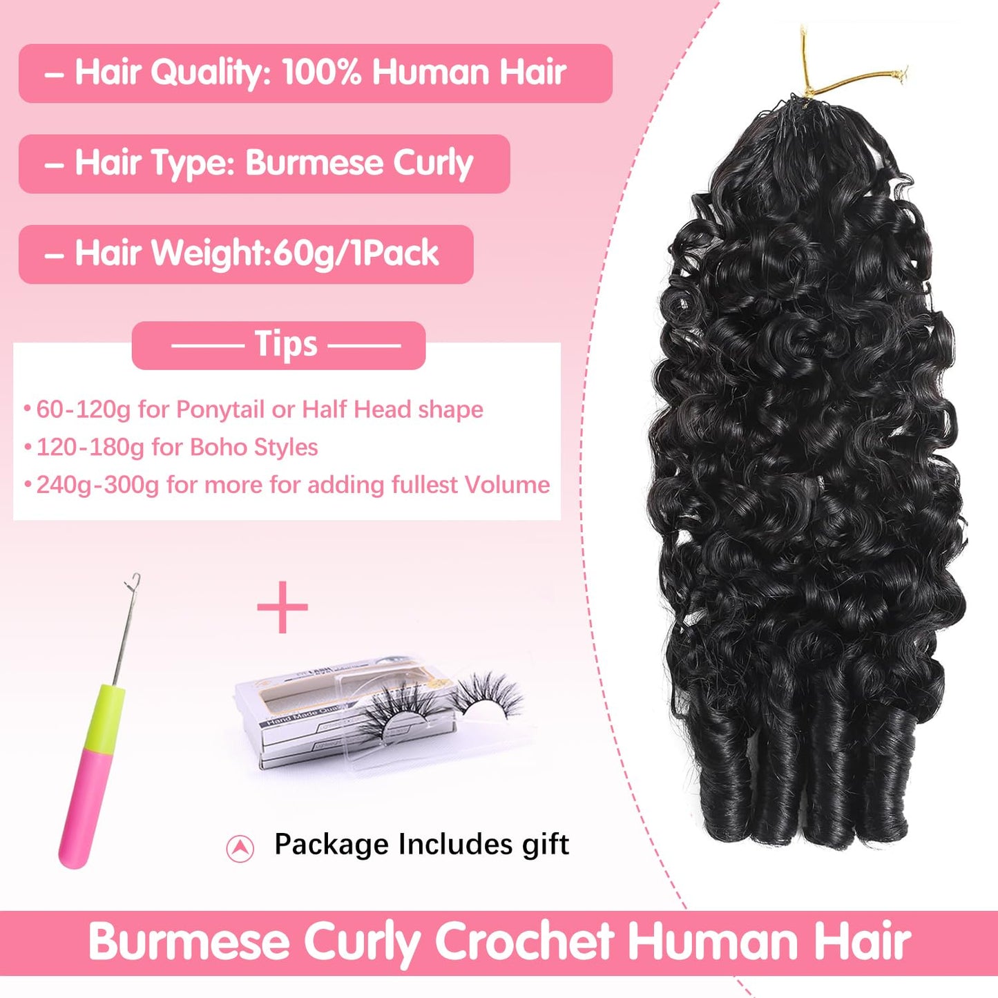Crochet Hair For Black Women Burmese Curly Crochet Human Hair Extensions 50g Knotless Pre-Separated Feather Crochet Human Hair Spiral Curly Invisible Crochet Hair Natural Black (14inch)