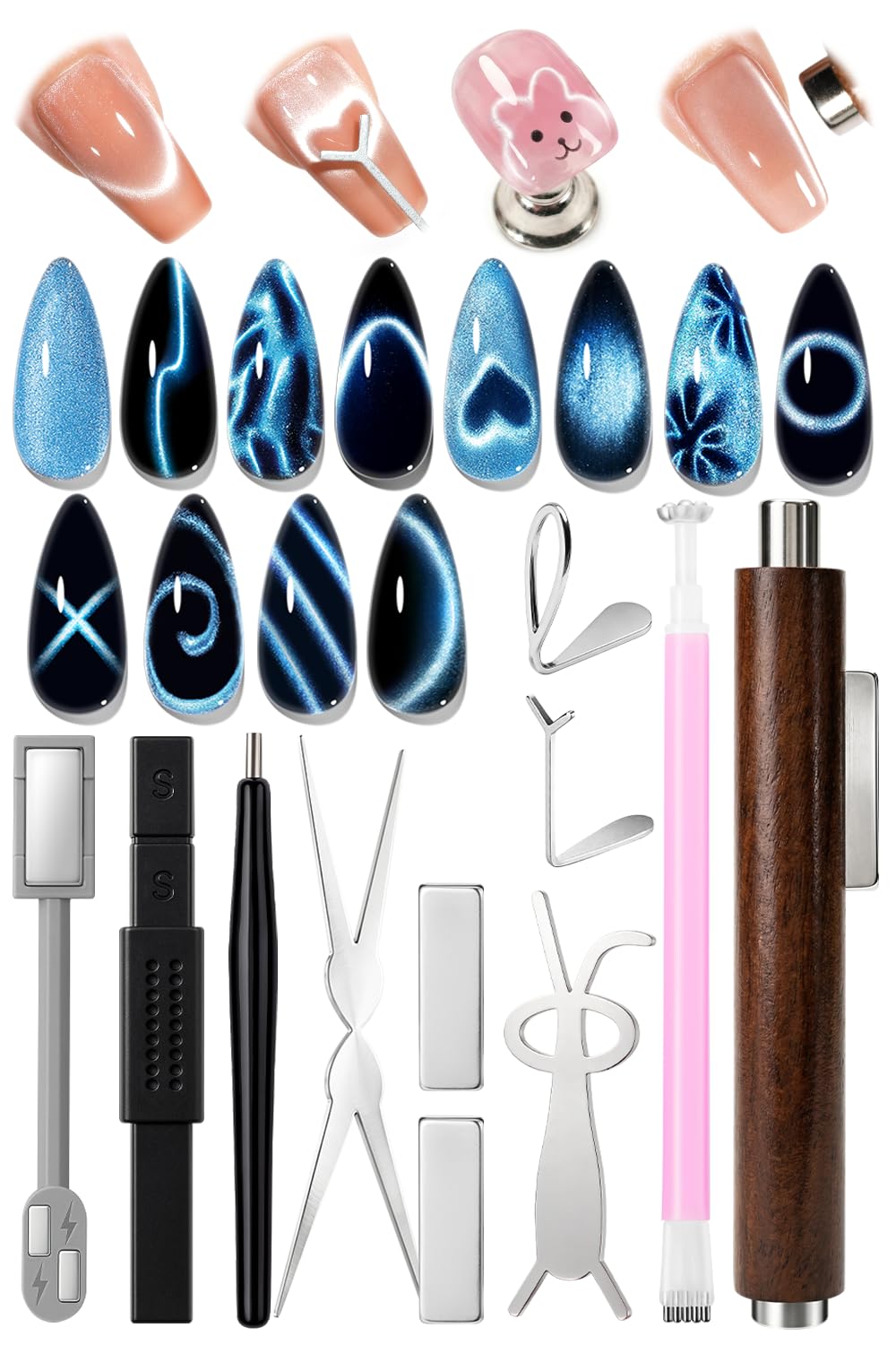Cat Eye Magnet Set - 3-in-1 Wooden Cylinder Nail Tool Kit for DIY & Salon | Heart Rabbit Effects, Stripes, Black Hole, Flower & Glassy Moon