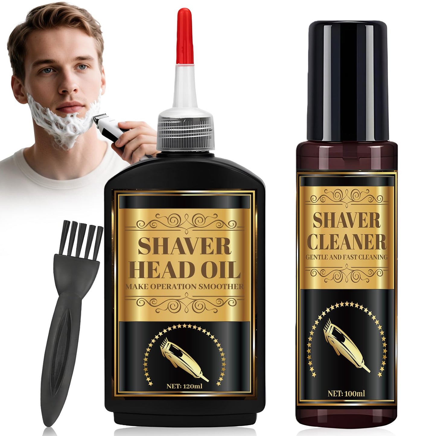 kuailaya Shaver Cleaning Solution, Shaver Cleaner and Clipper Blade Oil 2-in-1 Cleaning & Maintenance Kit with Clean Brushes Deep Cleaning and Lubrication Extends Razor Life Works for All Razors