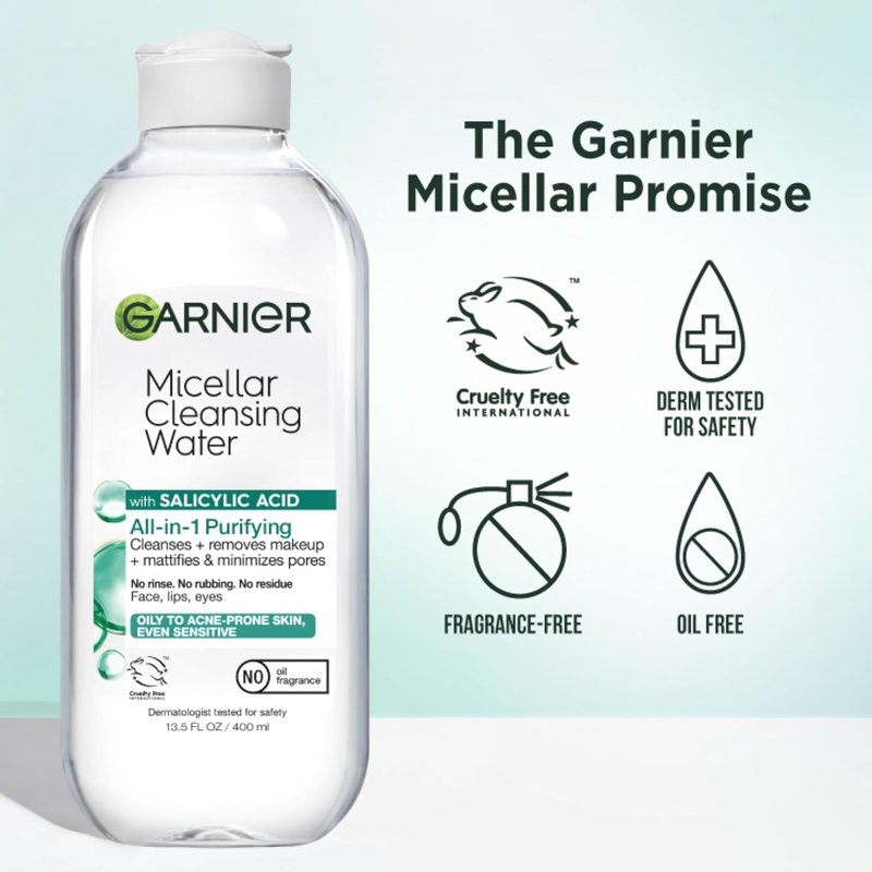 Garnier Micellar Water - Salicylic Acid Facial Cleanser & Makeup Remover for Oily Skin | 13.5 Fl Oz