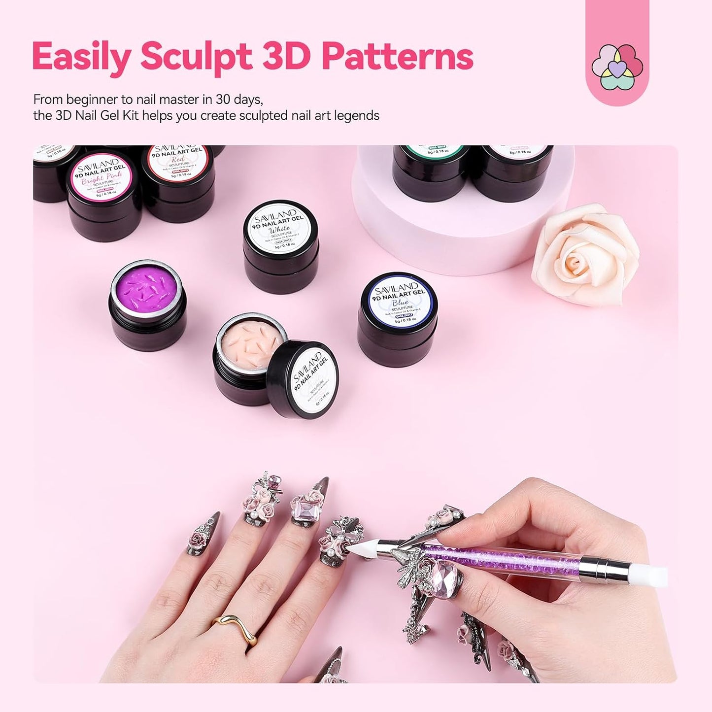 3D Nail Gel Set - 12 Colors Non-Sticky Soak Off Sculpting Gel | Nail Art Painting & Carving Tools for Home Salon DIY