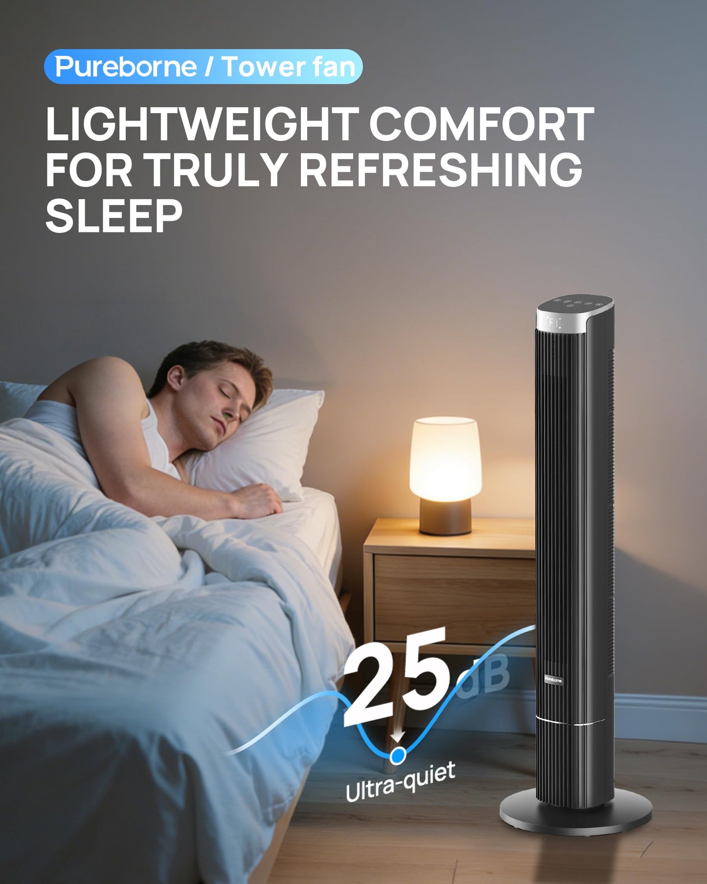 Pureborne 42” Tower Fan for Home Bedroom, WiFi, 25dB Ultra-Quiet, Black