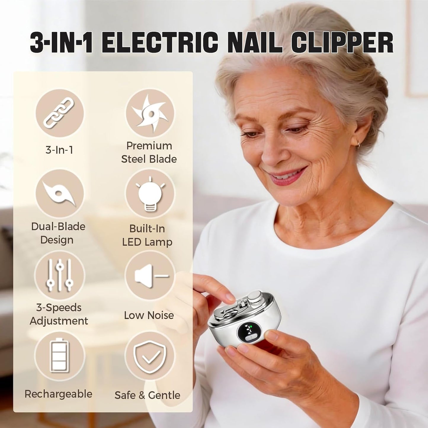 Automatic Electric Nail Clipper - 3-in-1 Dual-Blade Trimmer with LED Lamp & Storage | Rechargeable Safe Nail Care Tool for All Ages (White)