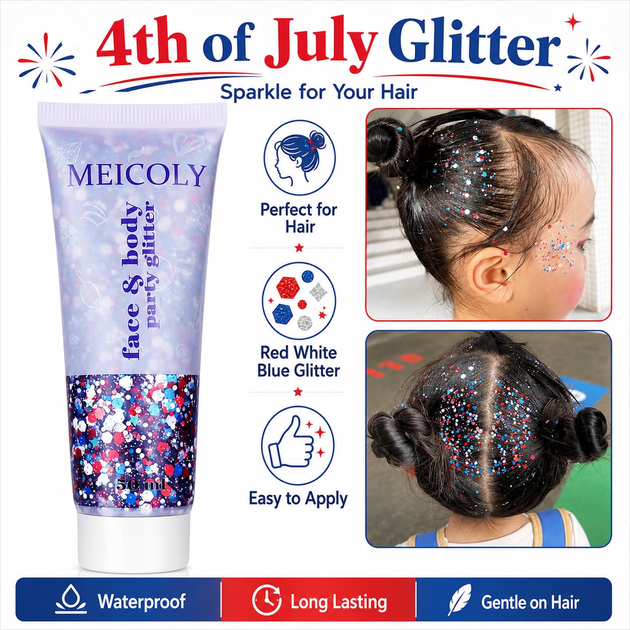 MEICOLY Red White and Blue Face Glitter,4th of July Patriotic Accessories,Star Hair Glitter for Kids,4th of July Outfits for Women,Self-Adhesive Body Glitter for President's Day Veterans Day