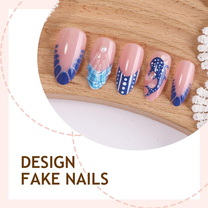 3D Ocean Shark Press-On Nails - Blue French Tip with Polka Dots | Almond Shape, 30 Pcs for Parties & Vacations