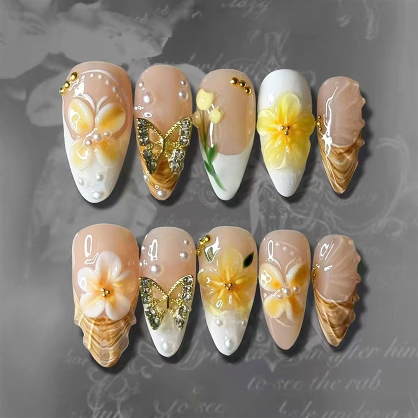 French Tip Press-On Nails - 24pcs Medium Almond with 3D Floral Gold Pearl Shell Designs | Summer Glitter Acrylic Full Cover