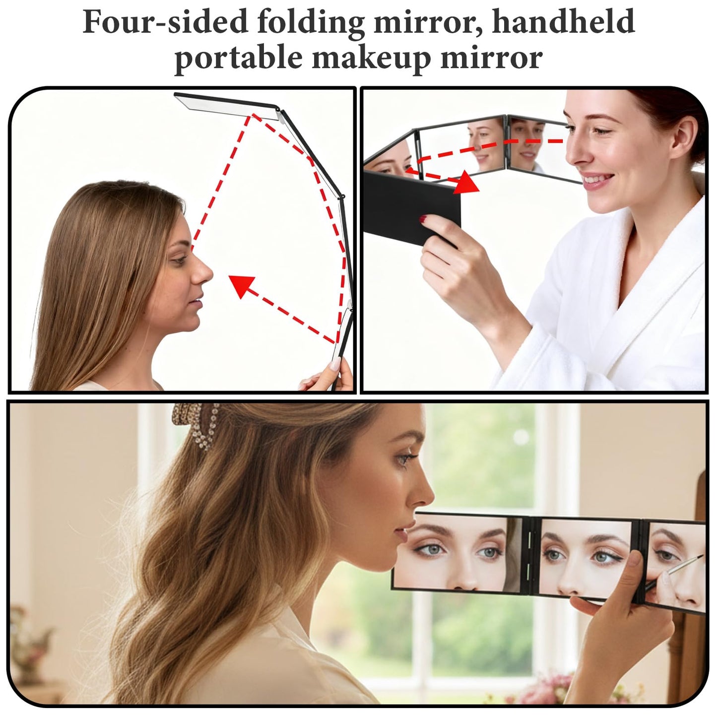 4 Way Mirror Foldable Makeup Mirror Portable 360 Degree Handheld Haircut Mirrors 4 Barber Desktop DIY Haircut Tool for Hair Cuting Styling Grooming Sided Self Haircuts for Home and Salon, 4.7 * 2.7 in