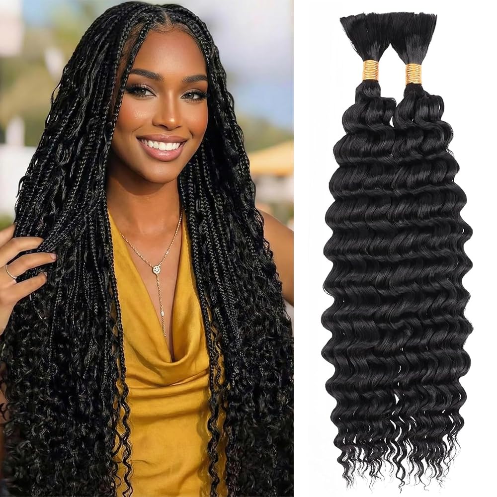 Human Braiding Hair for Boho Braids 100g 26 Inch Deep Wave Boho Hair for Braiding Curly Human Hair Extensions Knotless 12A Bulk Bohemian 2 Bundles/Pack Natural Color