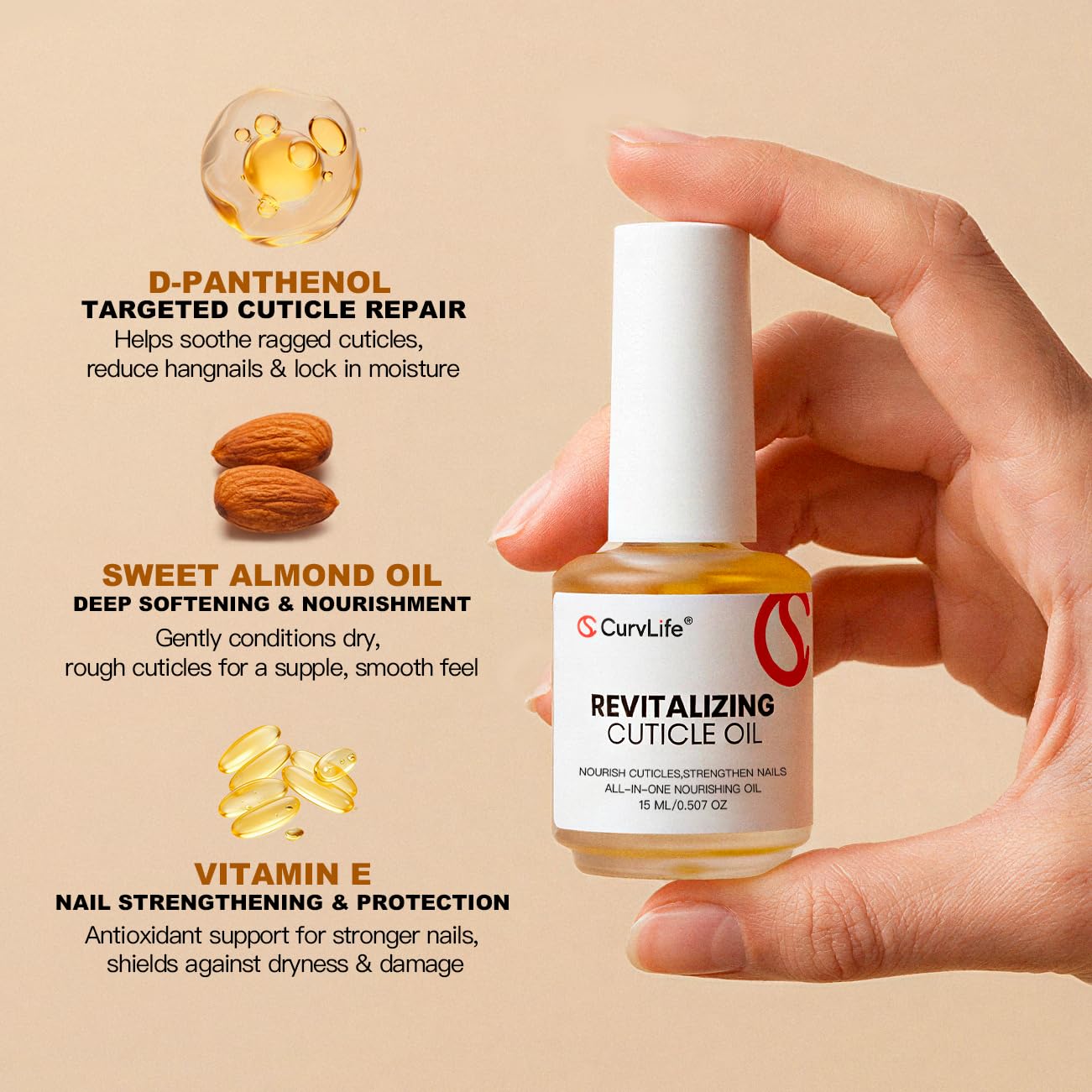 CurvLife Cuticle Oil - Lightweight Non-Greasy Nail Treatment with Curved Brush | Moisturizing Repair for Dry Cracked Cuticles