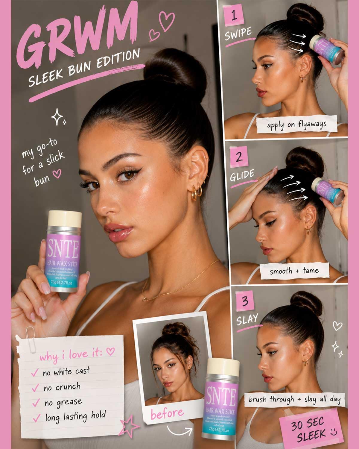 Hair Wax Stick and Slick Back Hair Brush Set to Tame Frizz, Flyaways, Sleek Ponytails, Buns & Braids - 12H Hold, Non-Greasy Hair Styling Kit, Styling Accessories for Teen Girls, Women, Kids, Men