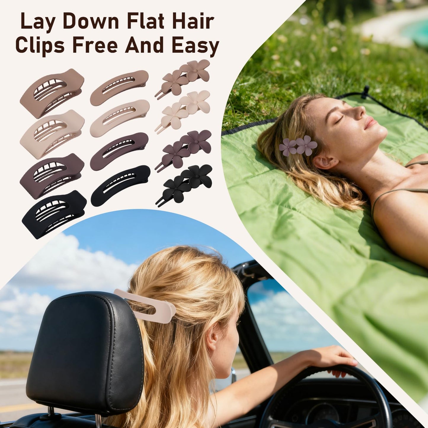 12 Pack Flat Hair Clips for Women – Matte Neutral Square Claw Clips, Flat Barrettes & Flower Pins in Black, Blonde,Light Brown & Dark Brown, Soft Touch Hair Accessories for Thick & Thin Hair