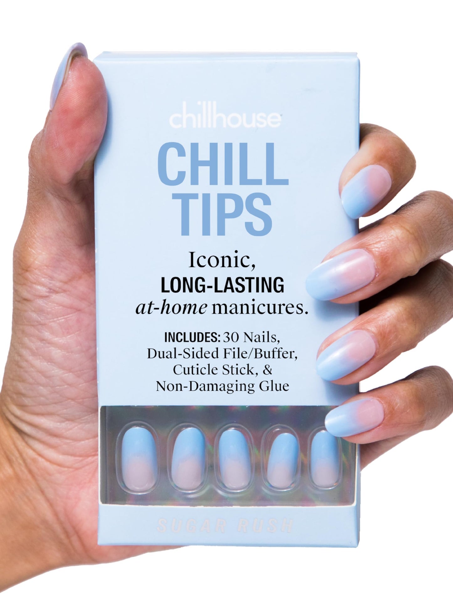 Chillhouse Chill Tips Signatures Press On Nails Kit, Sugar Rush - 30 Nail Shapes & Sizes, Dual-Sided Buffer & File, Cuticle Stick & Glue - Long-Lasting Nail Art Manicures