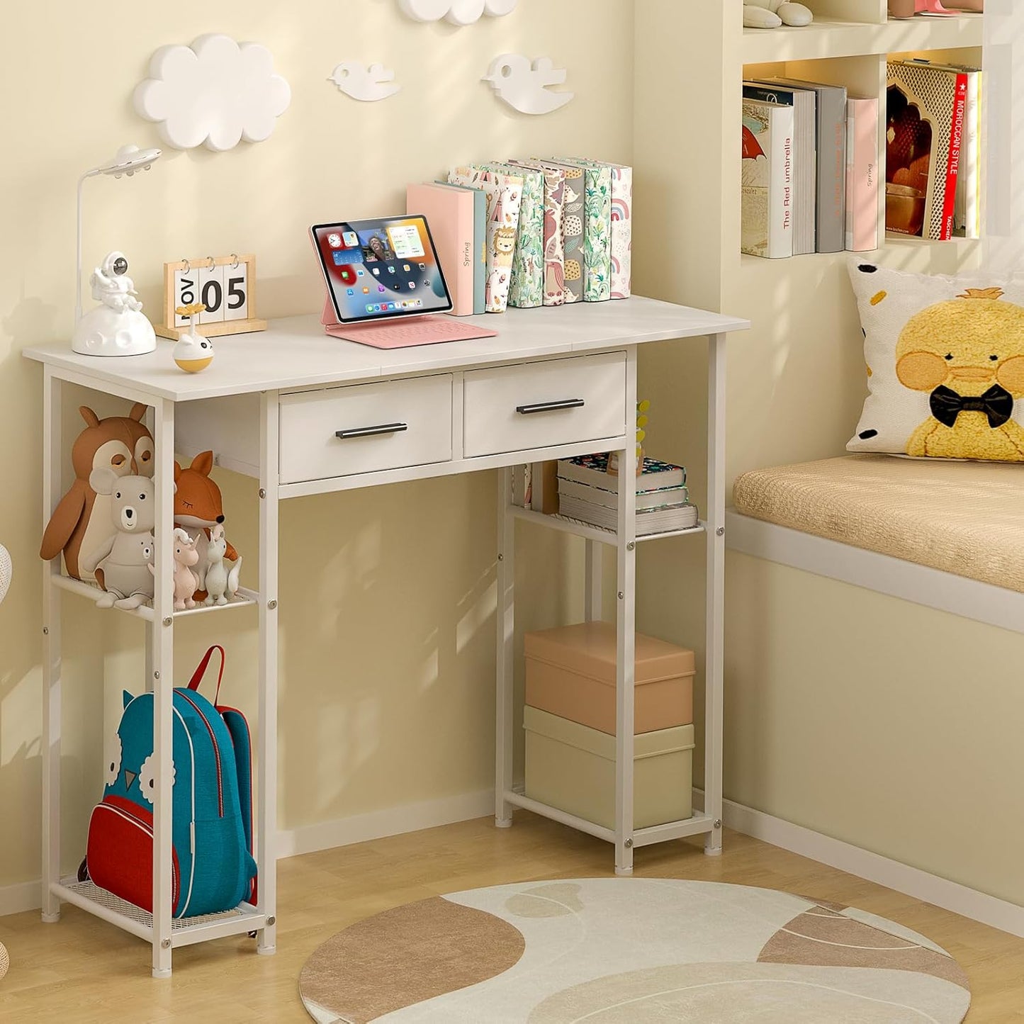 White Computer Desk with Drawers - 37.3 Inch Home Office Workstation | Compact Study Table for Small Spaces