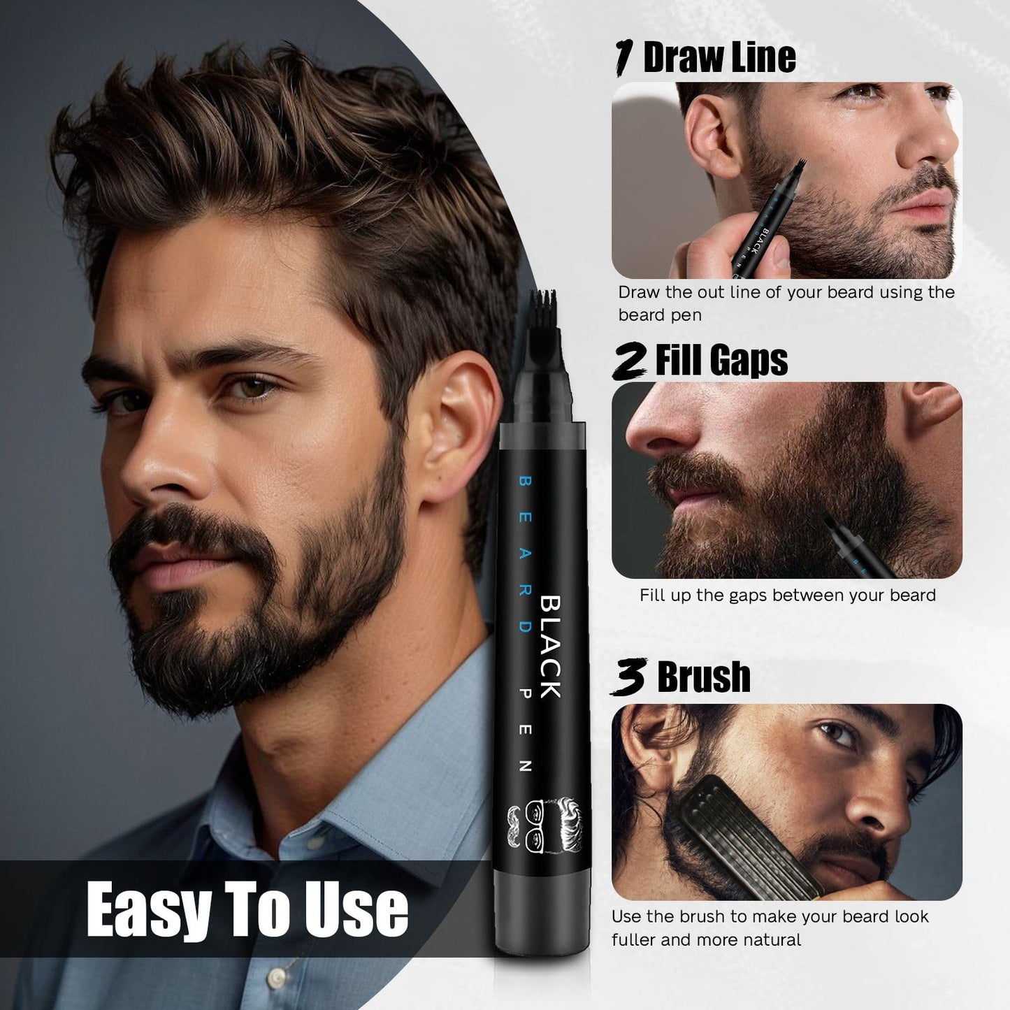 Beard Pen with Brush, Barber Pencil Mens Grooming Kits Creating Voluminous Beard Dad Gifts (Dark Brown)