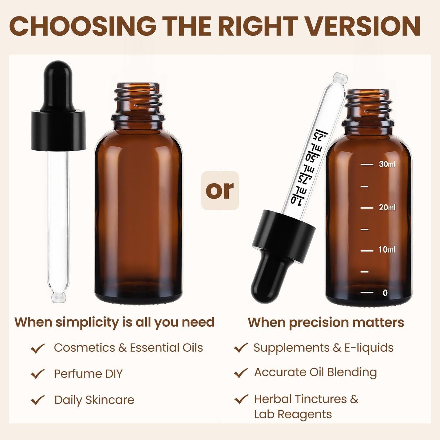 UPBUD 63 Pcs 1oz Amber Glass Dropper Bottles with Measurement, 30ml Leakproof Tincture Bottles with Funnels, Eye Droppers, Extra Caps & Labels, Refillable Empty Bottle for Tinctures, Essential Oils
