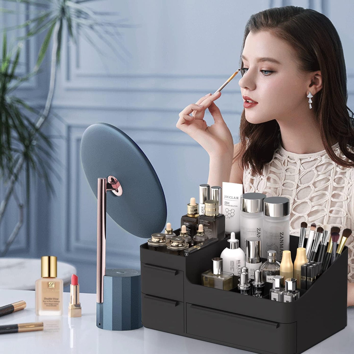 Makeup Organizer - Stackable Vanity Storage Box for Cosmetics & Jewelry | Black Drawer Tray