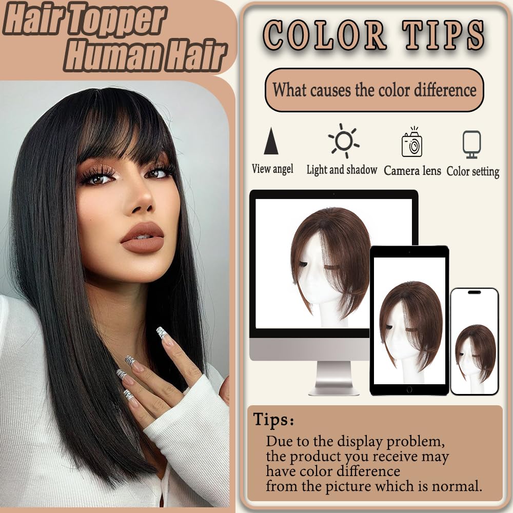 HVVZOY Hair Toppers for Women Real Human Hair,360°3D Big Basement Cover Topper for Women with Thinning Crown with Wispy Clip in Bangs Realistic Scalp