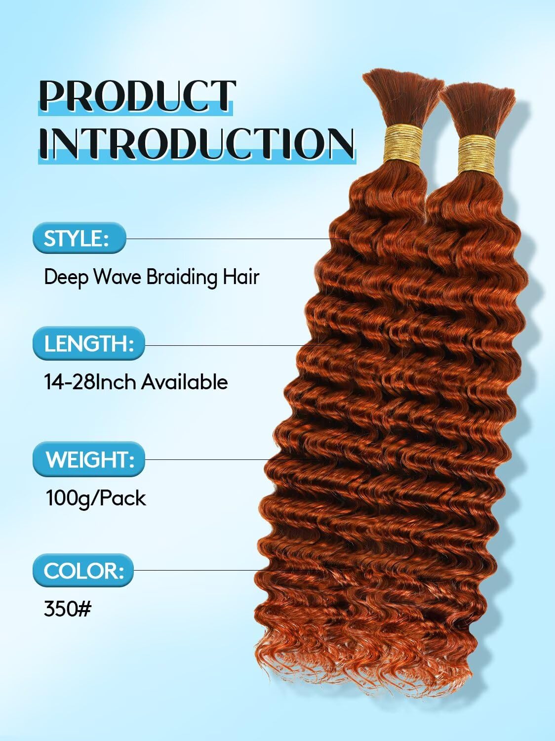 Unprocessed Human Hair for Braiding - #350 Ginger Copper Curly Bulk Hair, 24 Inch, 100g, 2 Bundles