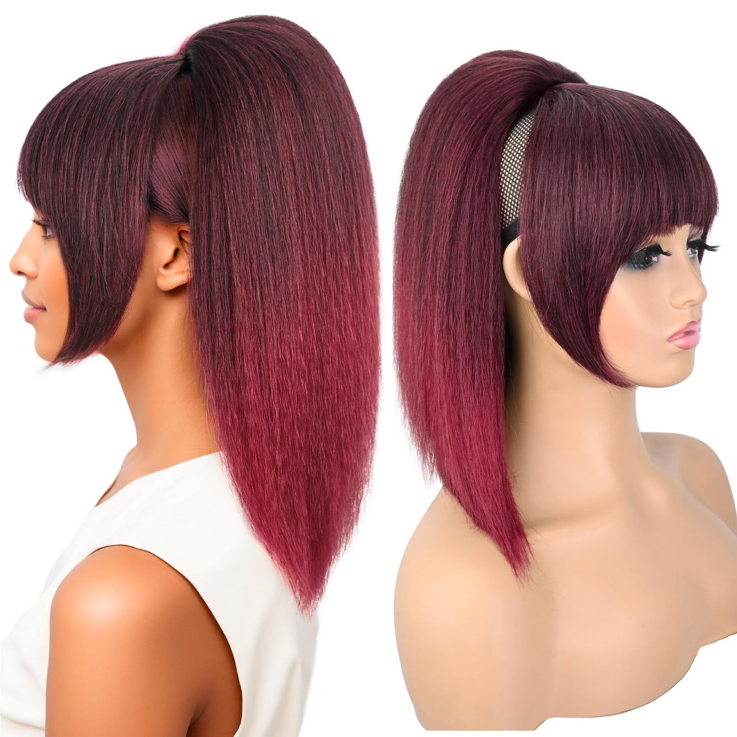 Ponytail Extension with Bangs - Yaki Straight Synthetic Hairpiece | 16-Inch Clip-In for Black Women (Black Brown)