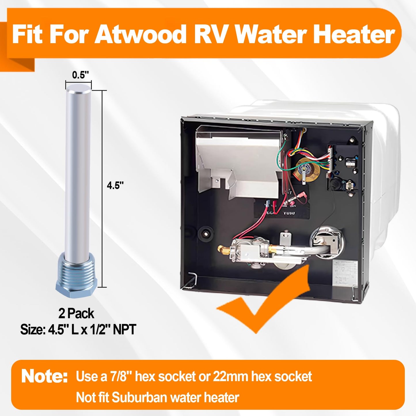 RV Water Heater Magnesium Anode Rod Compatible with Atwood Heaters 11553-4.5”, 1/2" NPT, For RV, Camper and Trailer Water Heaters Replacement Parts