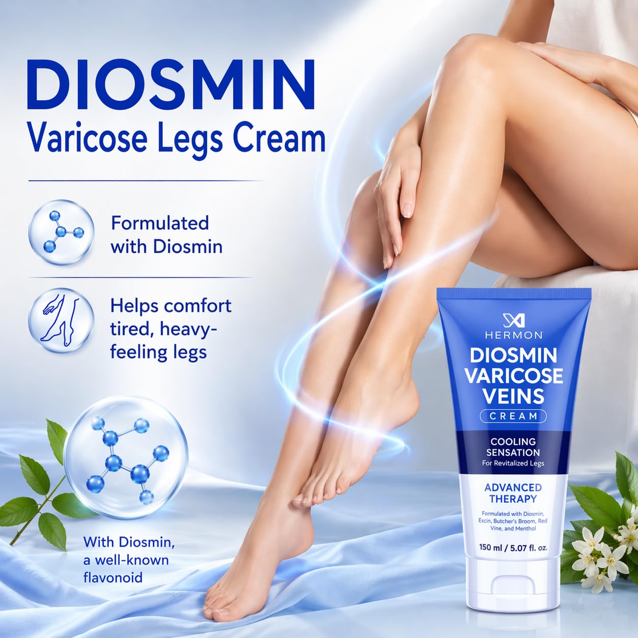 Hermon Diosmin Legs Gel Cream – Natural Botanical Moisturizer for Smooth, Nourished Skin – Lightweight, Fast-Absorbing Formula Made in Italy (5.07 Fl Oz)