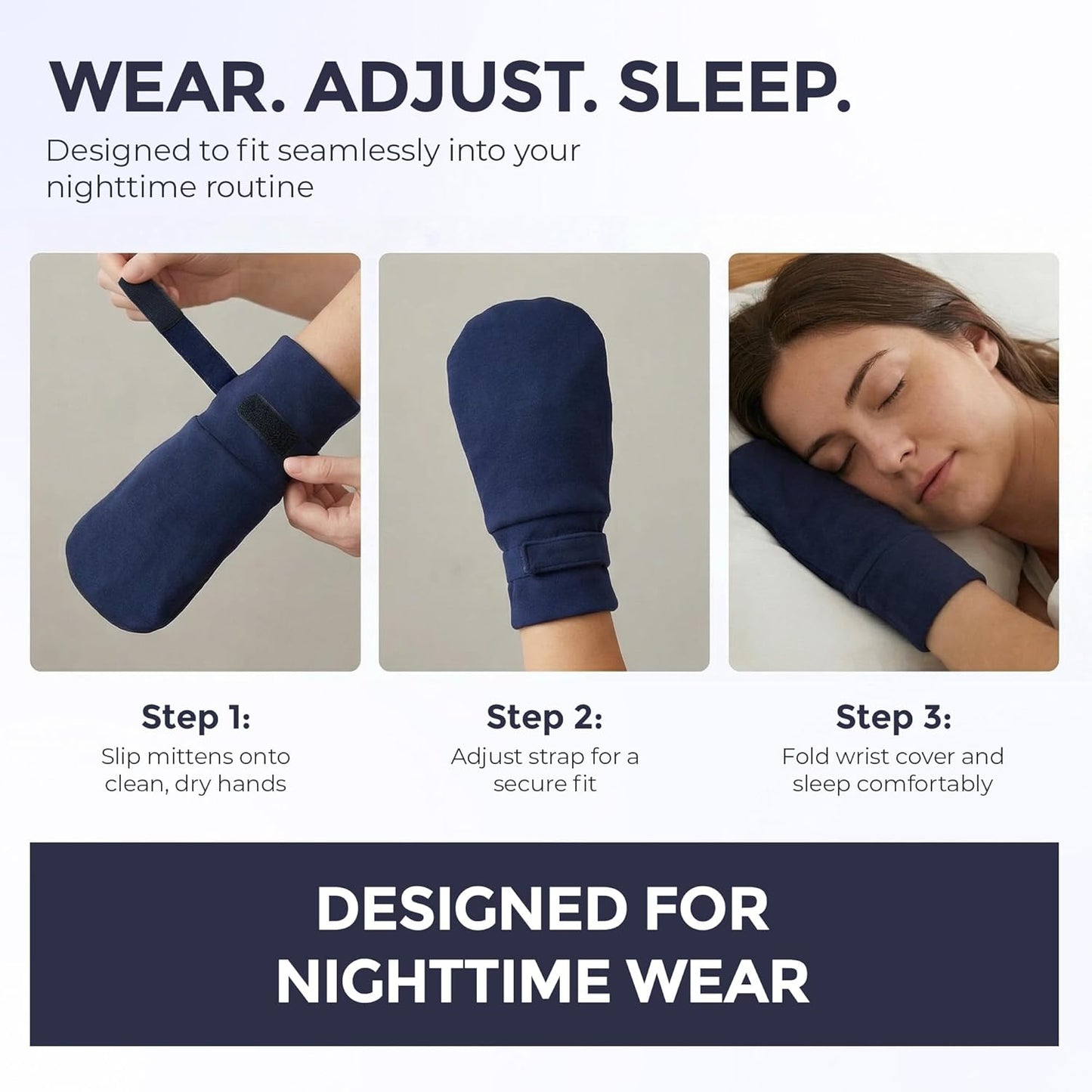 Organic Cotton Eczema Mittens for Adults - Anti-Scratch Nighttime Gloves with Adjustable Strap | Reusable & Washable, Navy, Medium