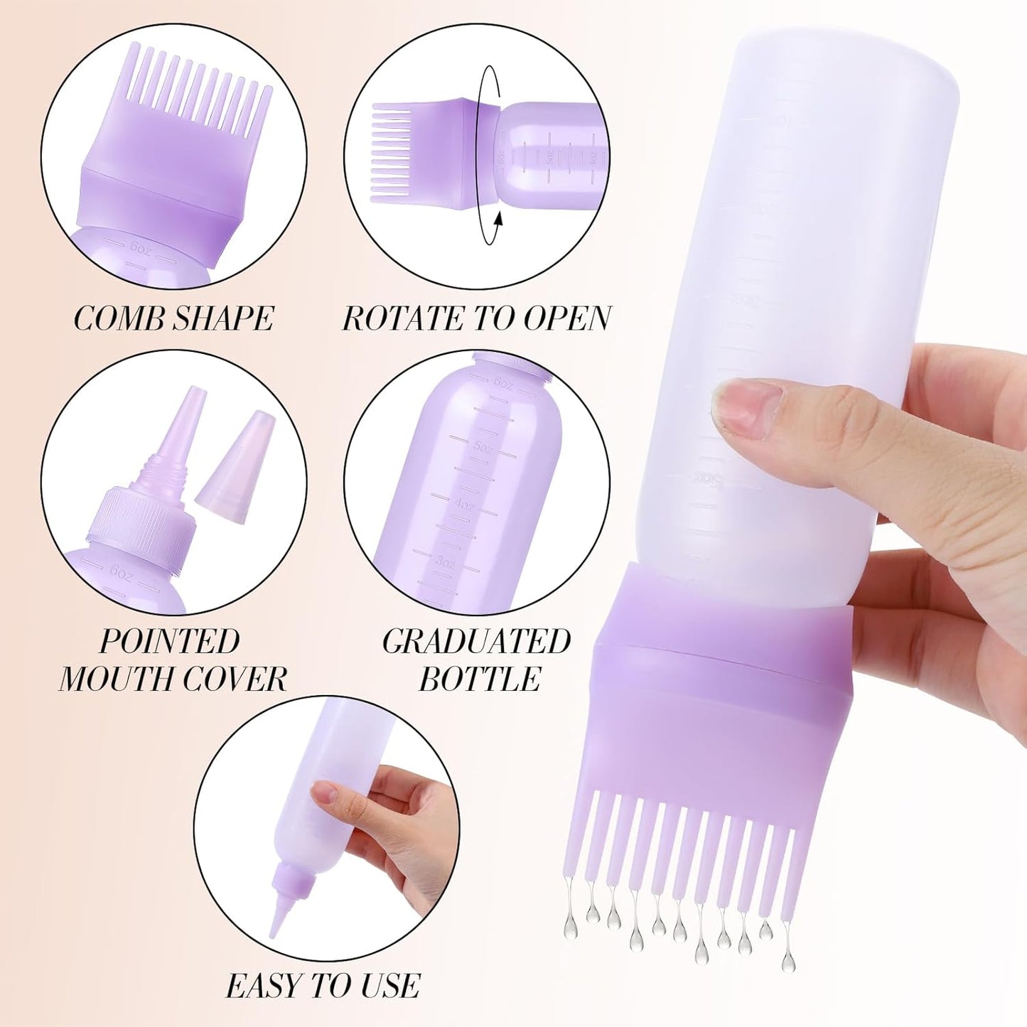 Hair Oil Applicator Bottle - Scalp & Root Comb Squeeze Bottle | 2 Pack (Purple, White) with 4 Pointed Mouth Cover & Massage Comb