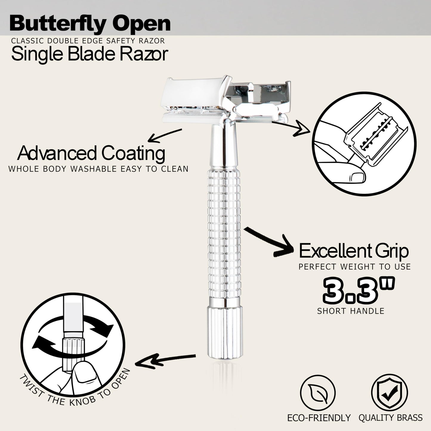 WEISHI Butterfly Open Double Edge Safety Razor for Men, Chrome Short Handle with 5 Stainless Razor Blades Included, Reusable Wet Shave Tool for Smooth, Close Shave
