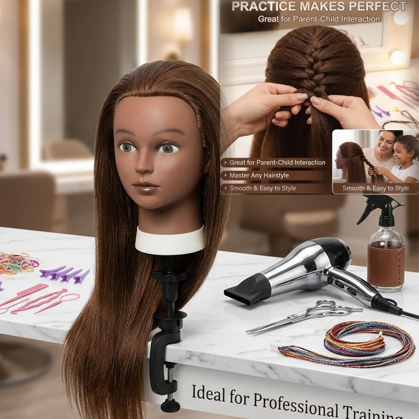 Mannequin Head Human Hair 16 Inch, 100% Real Human Hair Cosmetology Mannequin Head with Clamp Stand, Professional Hair Manikin Doll Head for Braiding, Styling & Hairdresser Training (Brown-16inch)