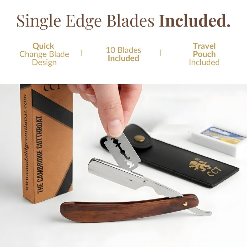 The Cambridge Cutthroat® Cut Throat Razor Kit with Blades & Travel Pouch - Black & Gold Stainless Steel Professional Barber Shaver Men - Straight Edge Moustache & Beard Shaper