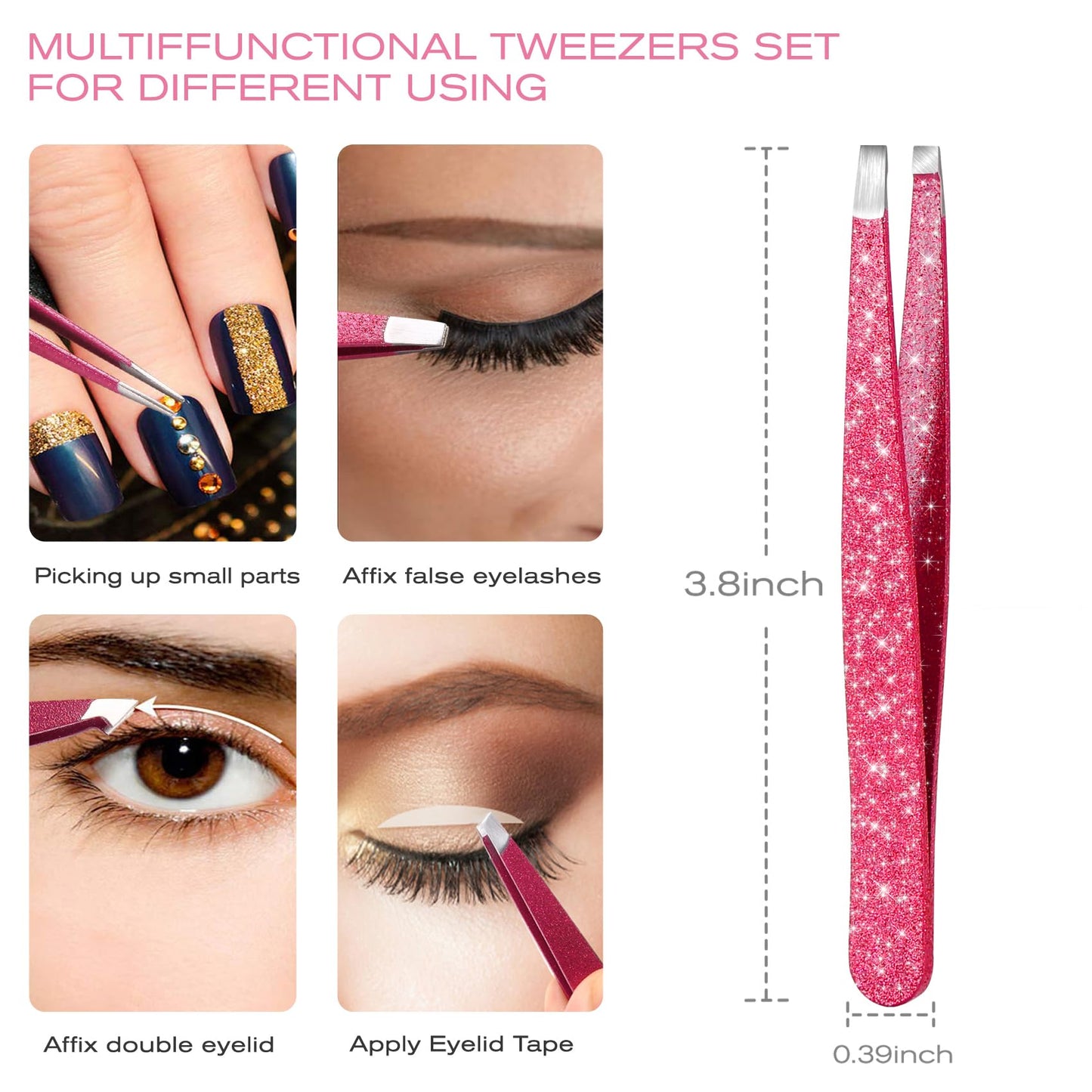 FungChoi 4-Pcs Glitter Stainless Steel Precision Tweezer Set for Eyebrows, Ingrown Hair & Lash Extensions (Rose Red)