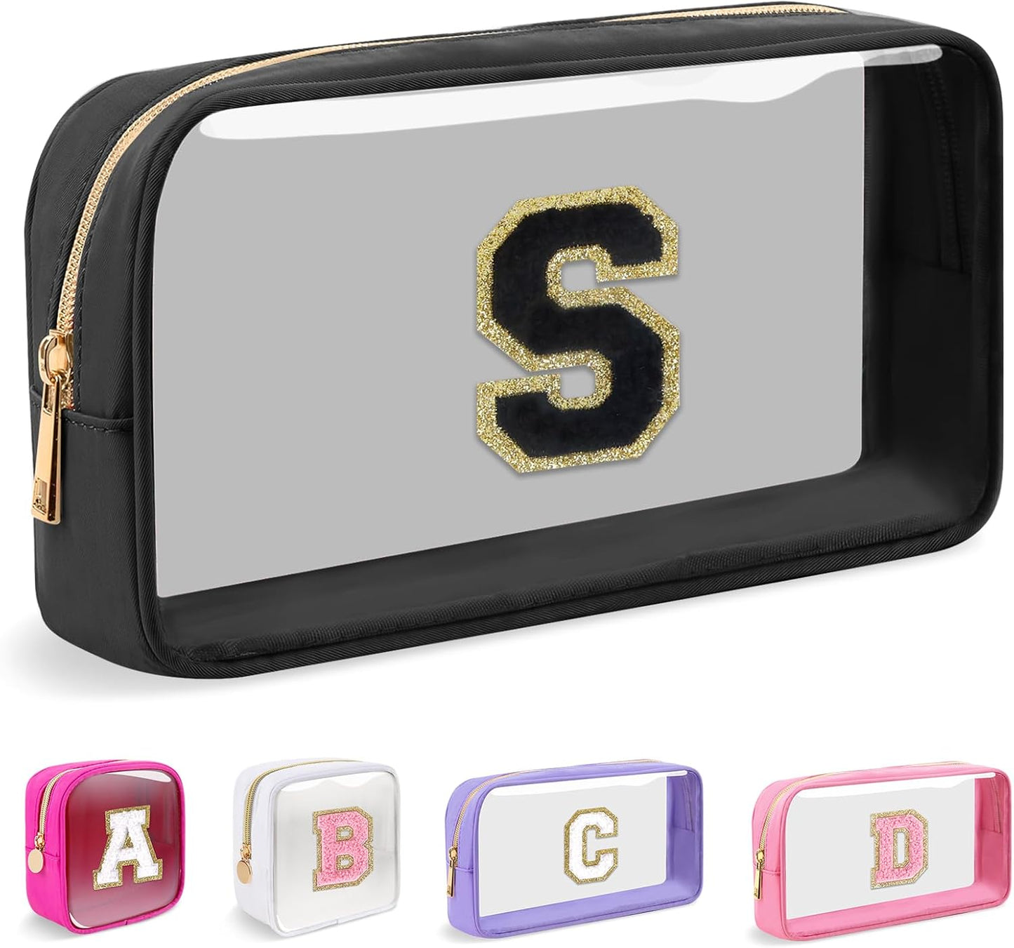 Personalized Initial Makeup Bag - Waterproof Nylon Cosmetic Pouch | A-Z Chenille Letter Patch, White-Pink G