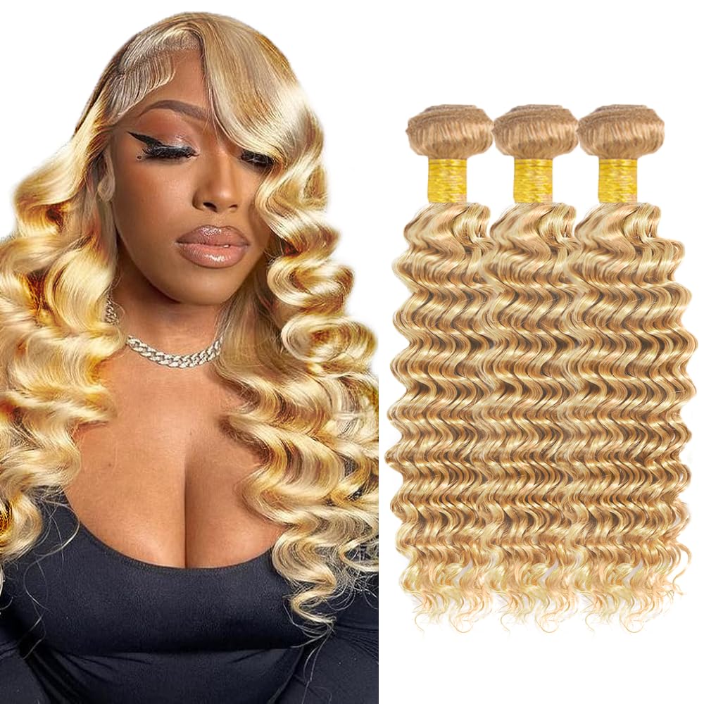 WuvuSnm Blonde Bundle 613 Deep Wave Human Hair 3 Bundles 12 14 16 inch P27/613 Human Hair Bundles Blonde Deep Wave Bundle