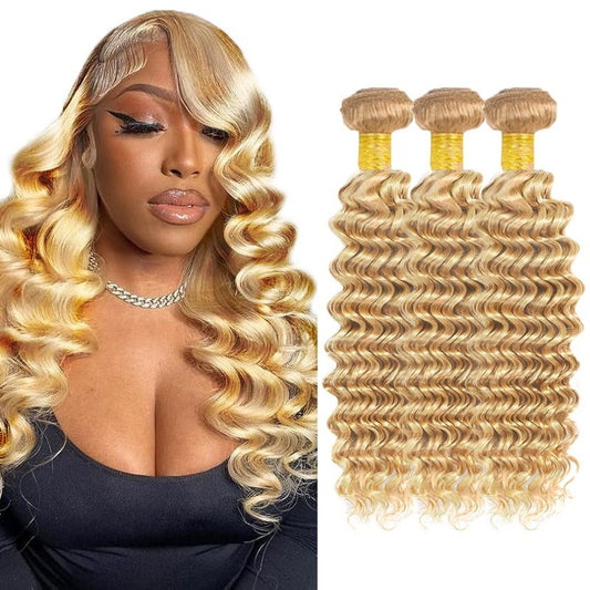 WuvuSnm Blonde Bundle 613 Deep Wave Human Hair 3 Bundles 12 14 16 inch P27/613 Human Hair Bundles Blonde Deep Wave Bundle