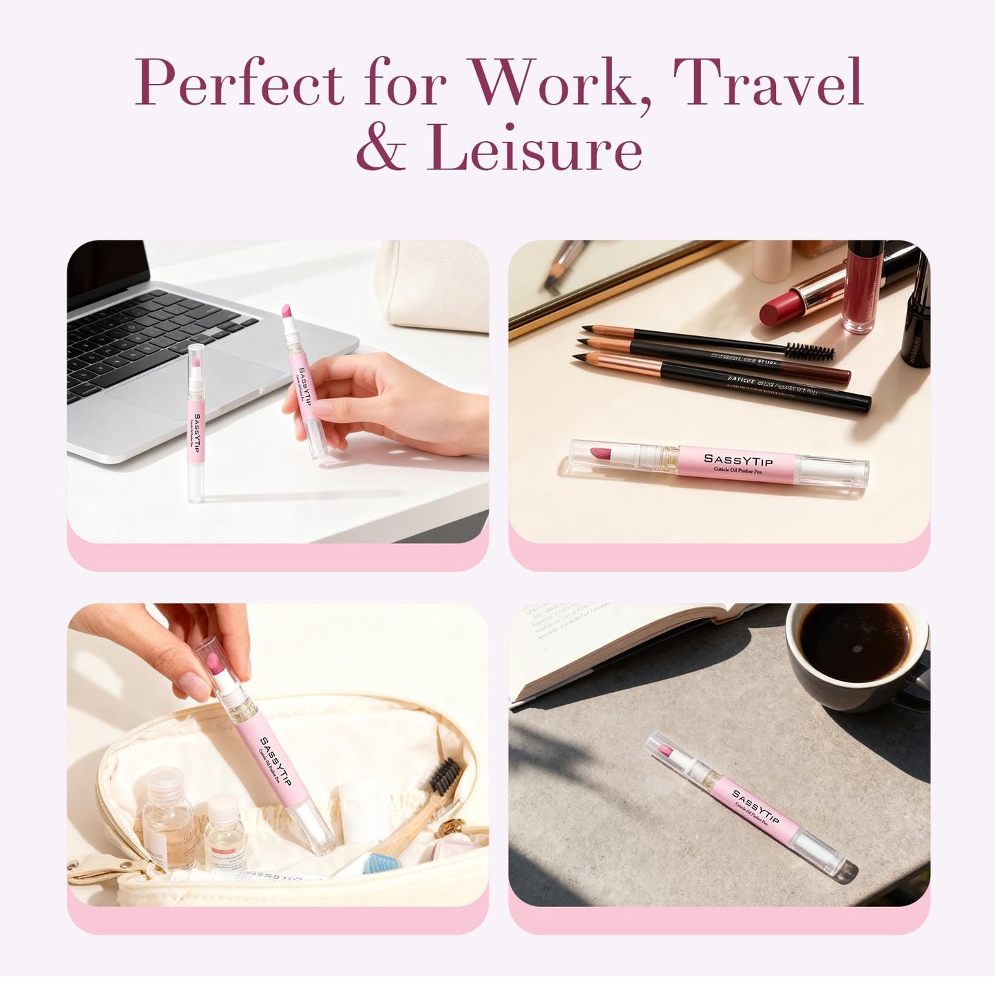 SASSYTIP Ceramic Cuticle Pusher & Oil Pen, 2ml Rose/Lavender/Fragrance Free Scented Nail Care Pen, Gentle Cuticle Remover for Dry & Damaged Nails, Moisturize Strengthen Brighten (Pink&Purple)