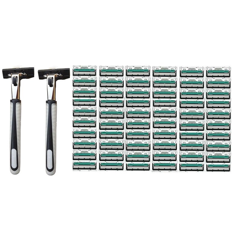 Men's Razor, Twin Blade, Shaving Thoroughly For an Ultra Soothing and Comfortable Shave (2 Handle + 60 Cartridges)