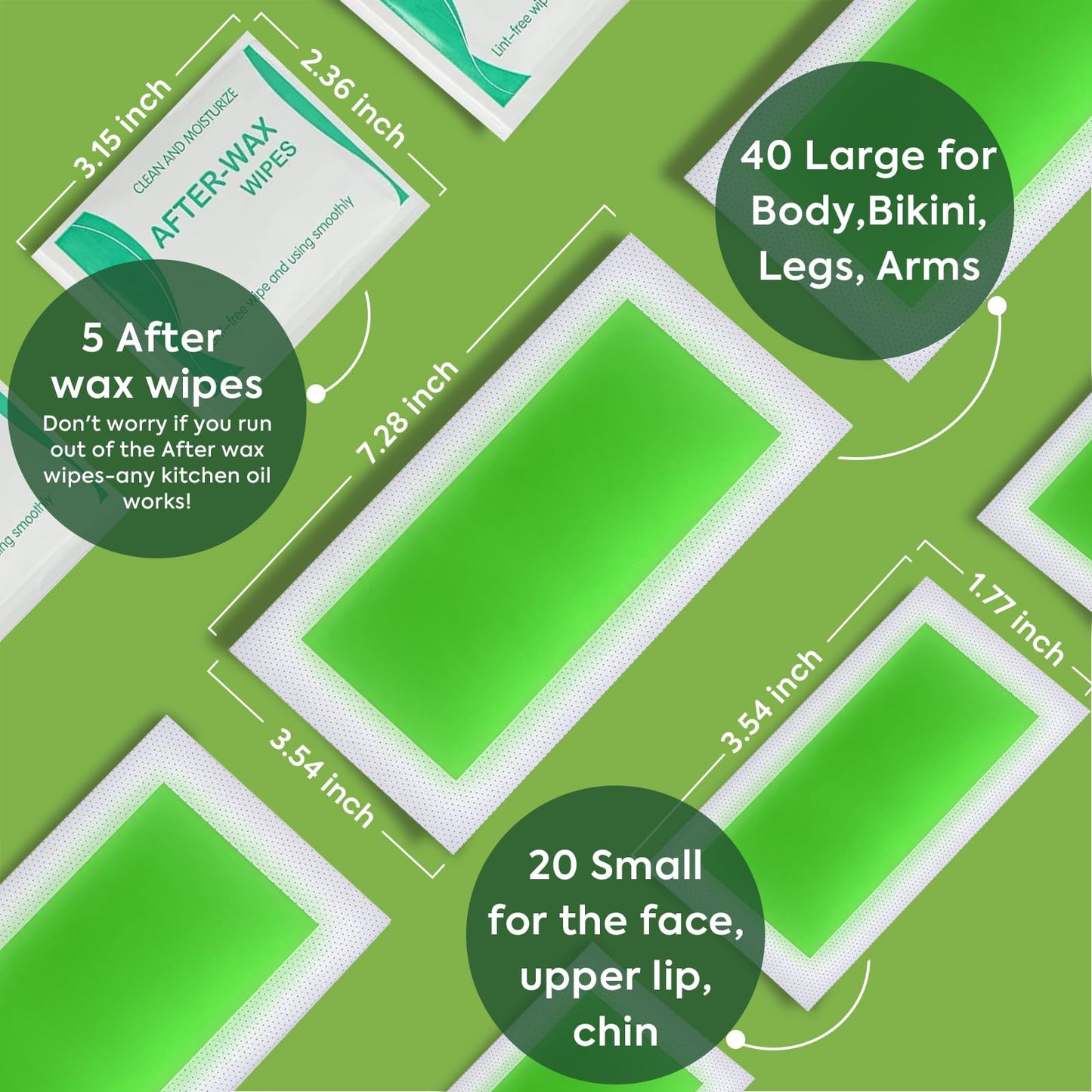 Evervines Body Wax Strips for Hair Removal: 60 Strips (40 Large, 20 Small) & 5 Oil Wipes – Gentle & Fast for Body, Legs, Face, Eyebrows, Bikini, Lip & Chin – Ideal for women& Men Home & Travel
