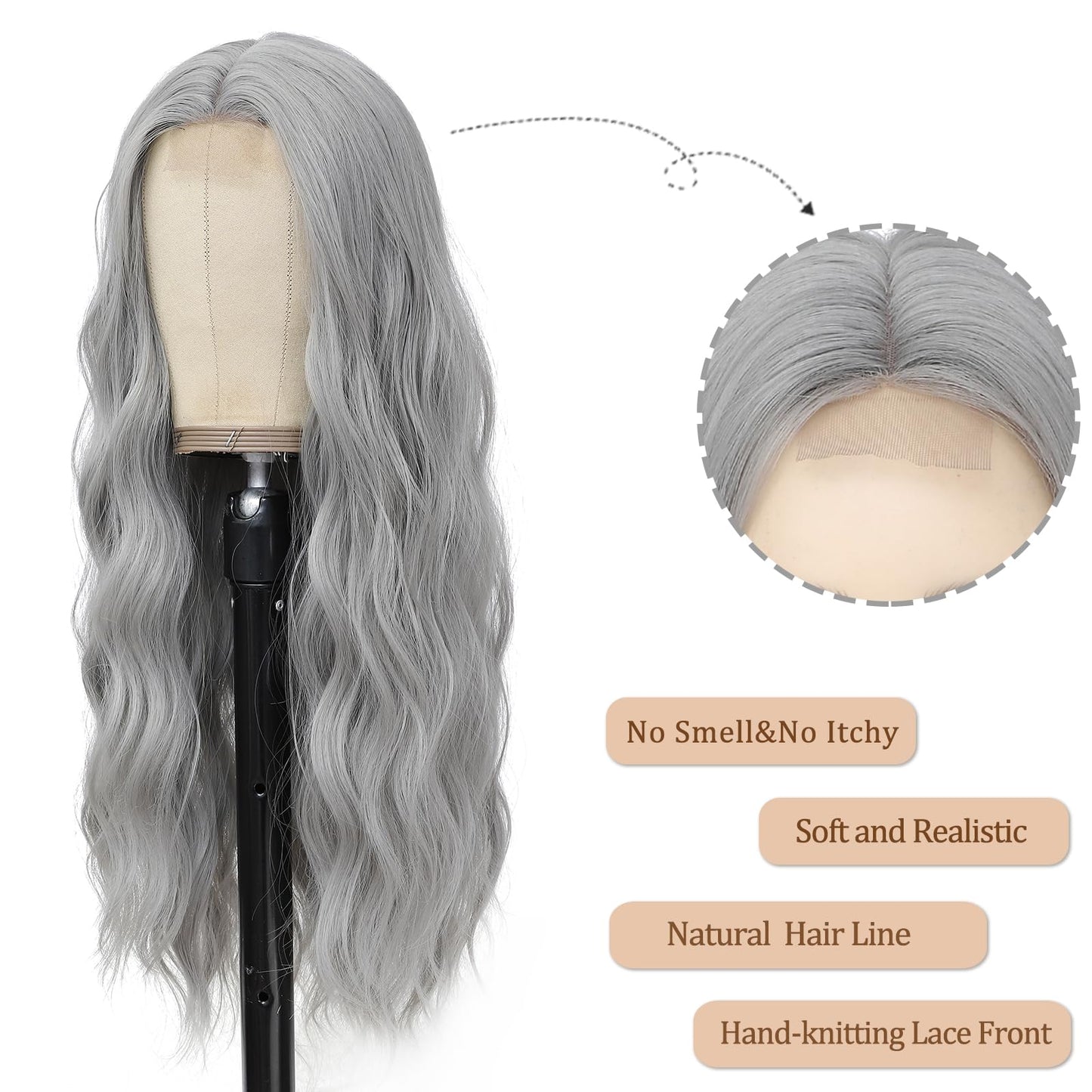 YBYMCAI Grey Wig - Long Silver Wavy Wigs for Women Middle Part Gray 26 inch Natural Curly Synthetic Wig Heat Resistant Fiber Wigs for Daily Party Use