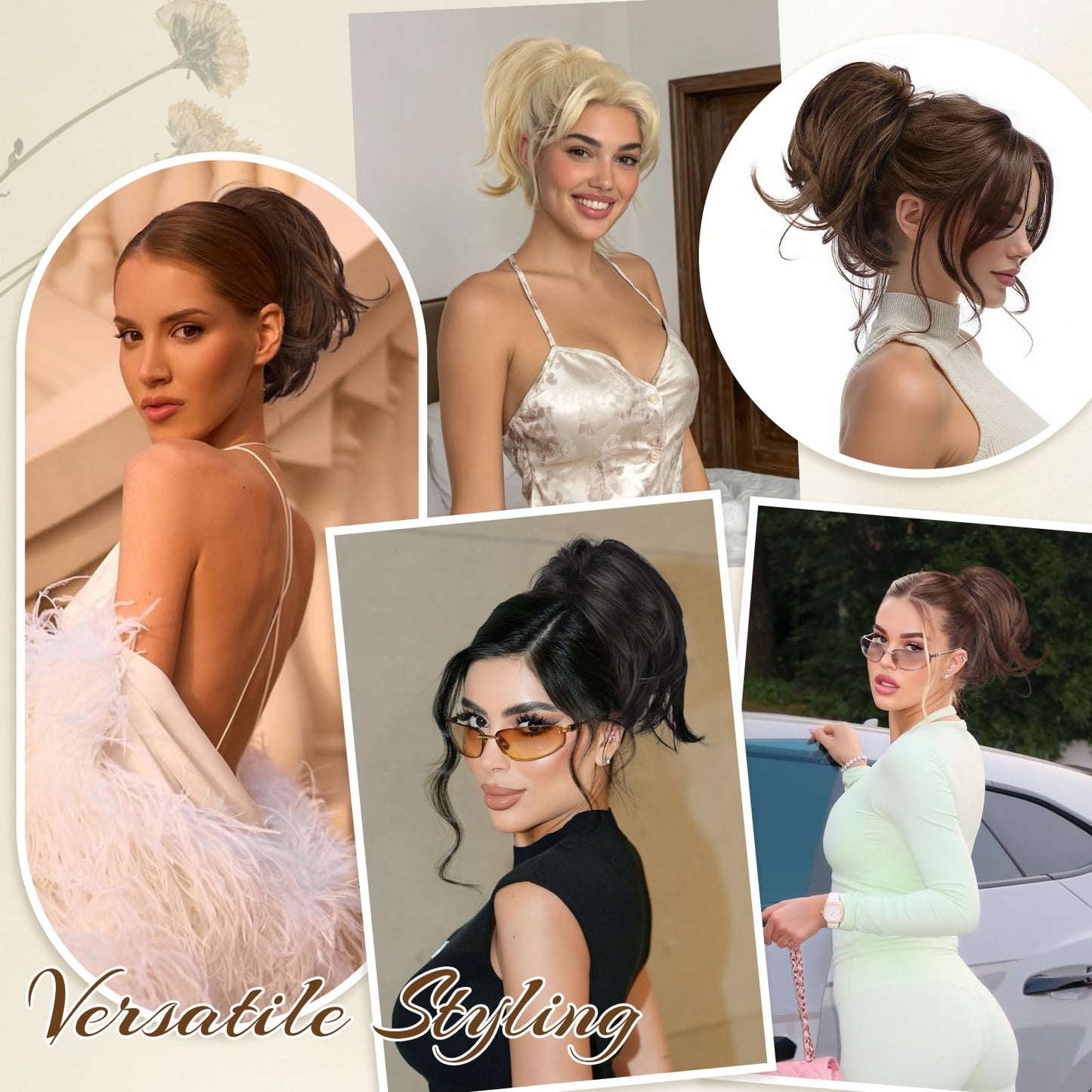 FESHFEN Claw Clip Short Ponytail Extensions - DIY Bendable Metals Fluffy Messy Bun Hair Piece Straight Synthetic Hairpieces Ponytail Extension for Women, Mix Brown